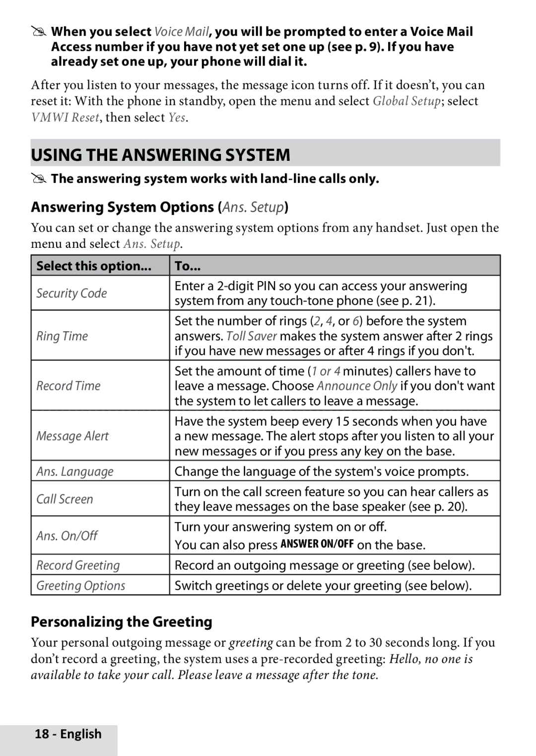 Uniden D3280 manual Using the Answering System, Answering System Options Ans. Setup, Personalizing the Greeting 