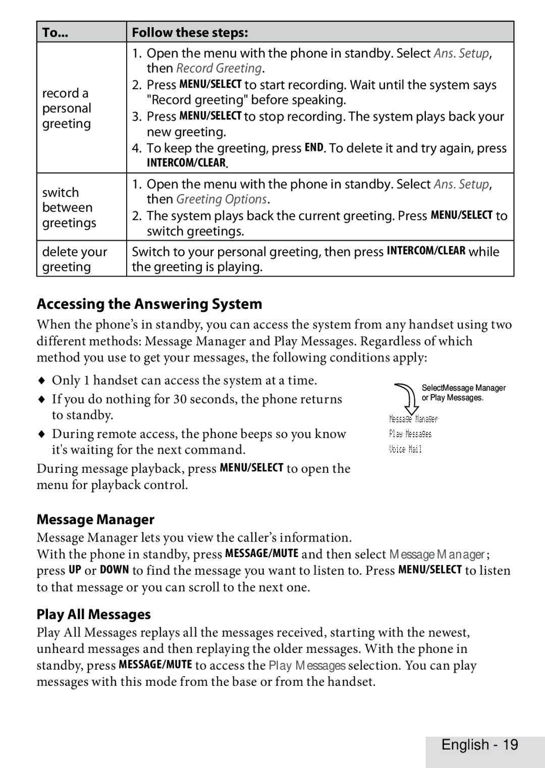 Uniden D3280 manual Accessing the Answering System, Message Manager, Play All Messages, Follow these steps 