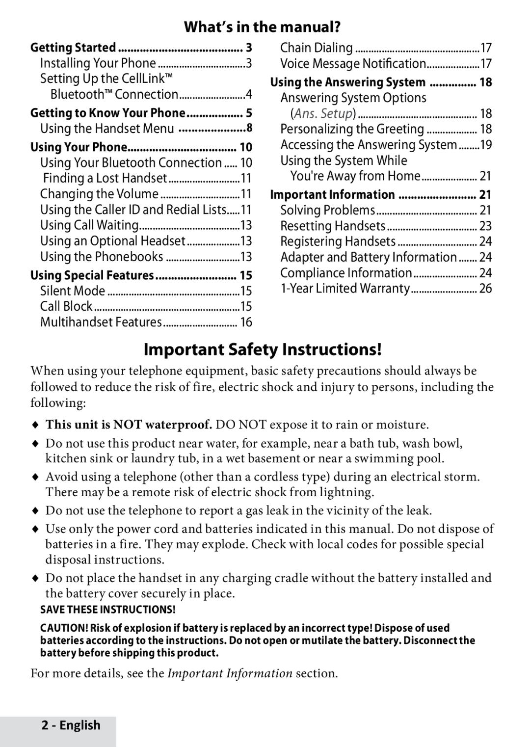 Uniden D3280 Important Safety Instructions, What’s in the manual? 