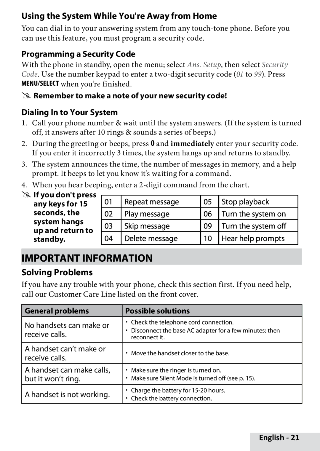 Uniden D3280 manual Important Information, Using the System While Youre Away from Home, Programming a Security Code 