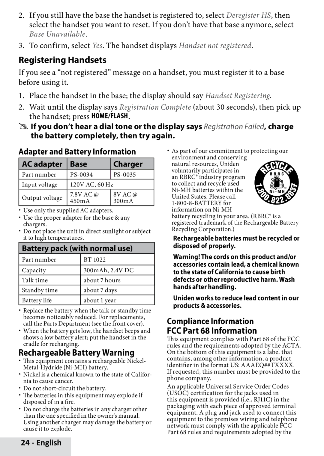 Uniden D3280 manual Registering Handsets, Adapter and Battery Information, Rechargeable Battery Warning 