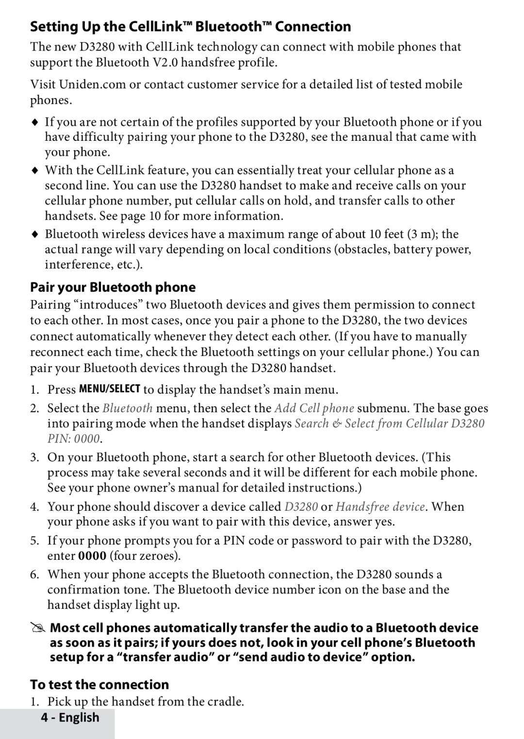 Uniden D3280 manual Setting Up the CellLink Bluetooth Connection, Pair your Bluetooth phone, To test the connection 