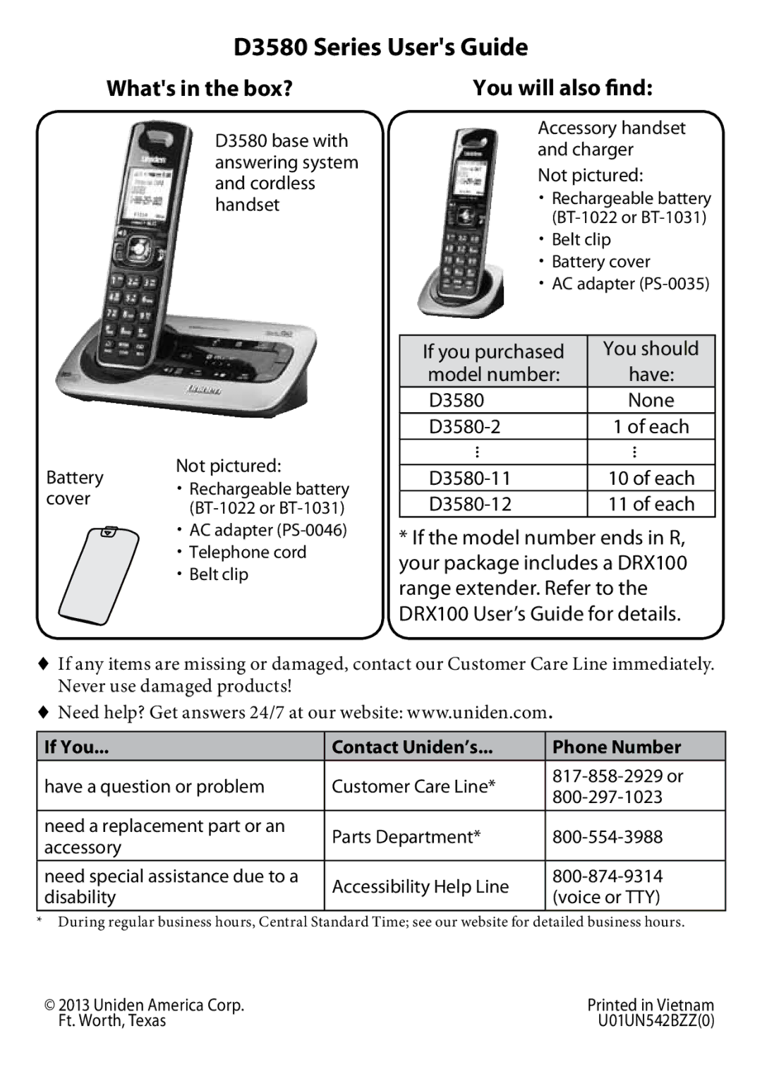 Uniden manual D3580 Series Users Guide, Whats in the box?, You will also find, If You Contact Uniden’s Phone Number 