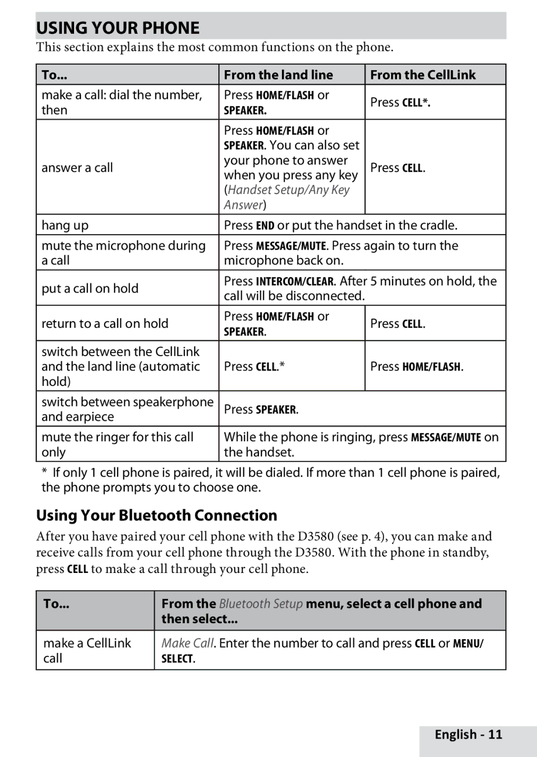 Uniden D3580 manual Using Your Phone, Using Your Bluetooth Connection 