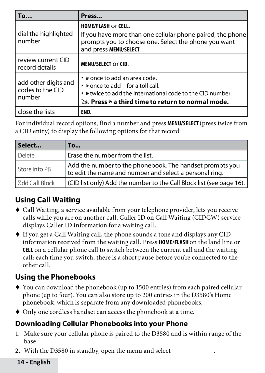 Uniden D3580 manual Using Call Waiting, Using the Phonebooks, Downloading Cellular Phonebooks into your Phone 