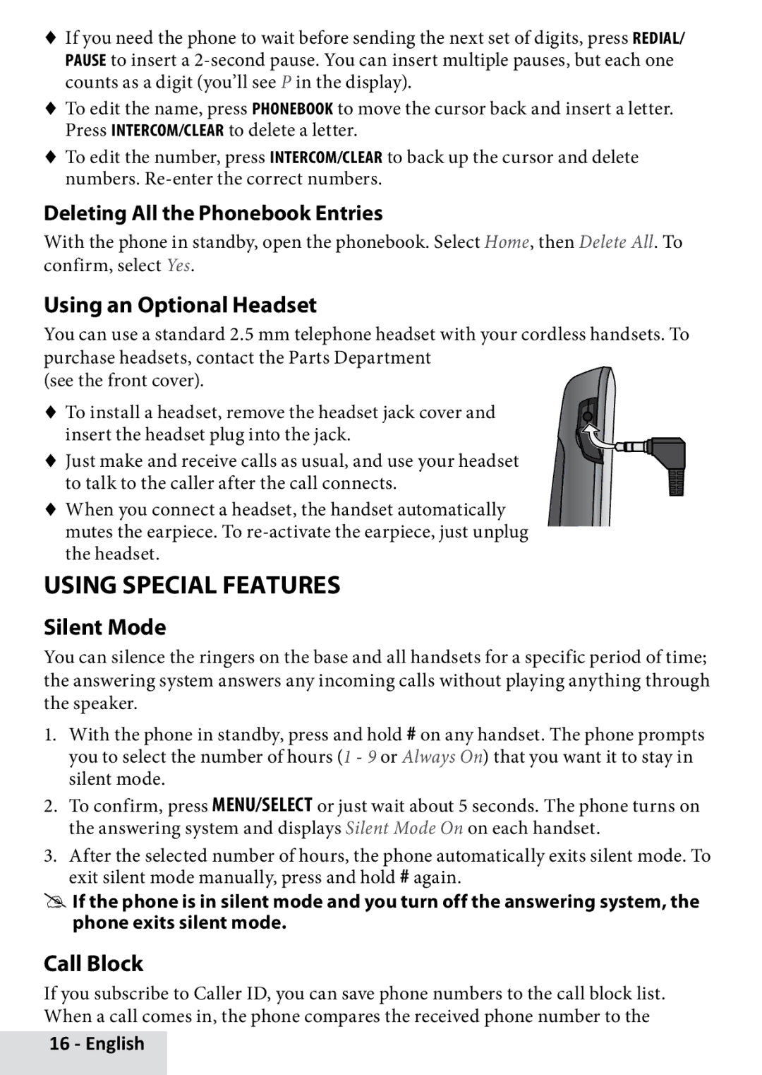 Uniden D3580 manual Using Special Features, Using an Optional Headset, Silent Mode, Call Block 