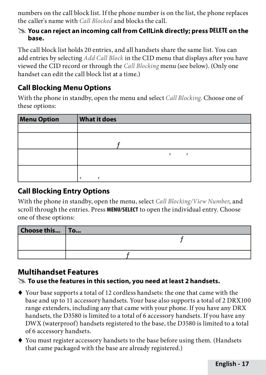 Uniden D3580 manual Multihandset Features, Call Blocking Menu Options, Call Blocking Entry Options 