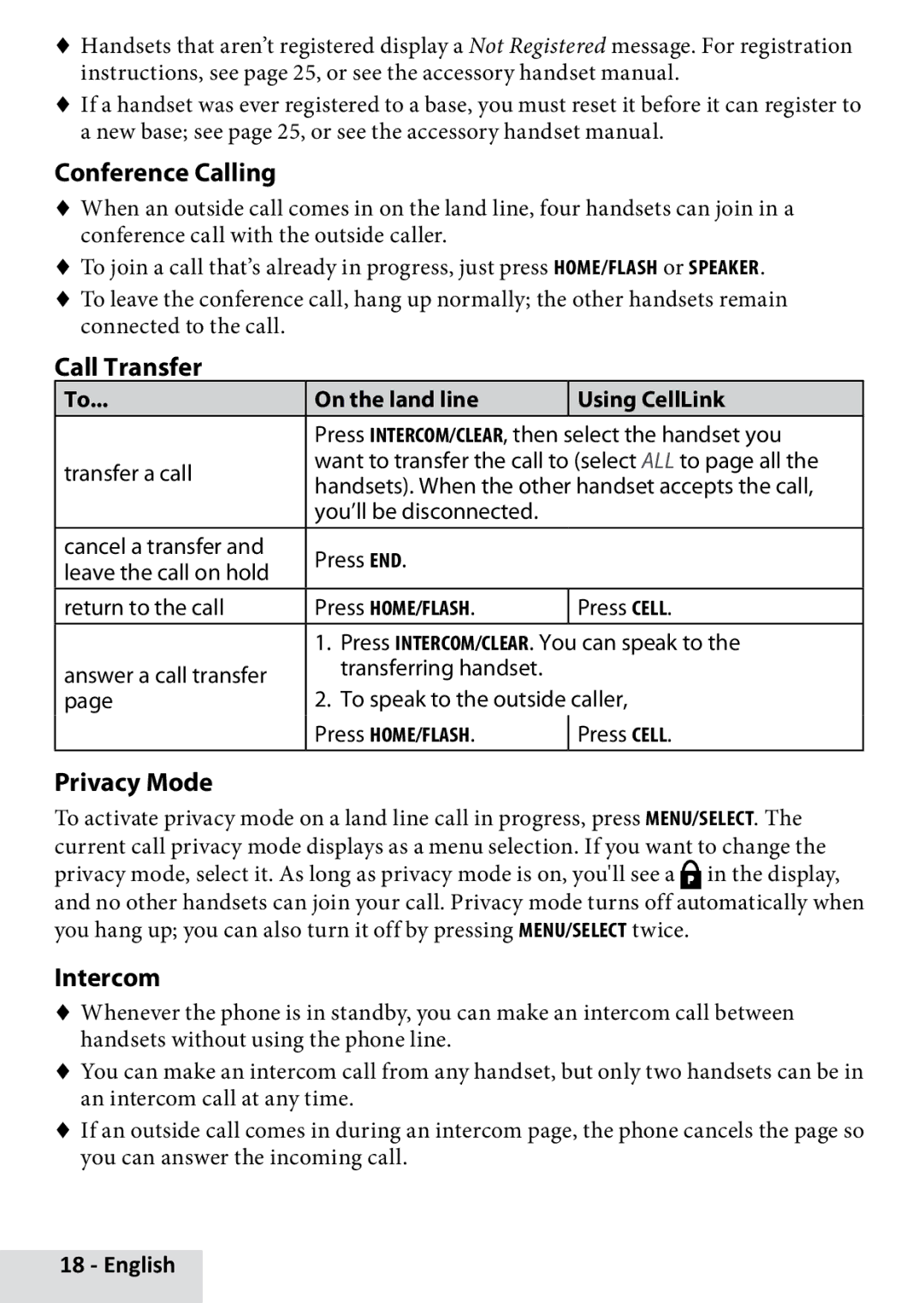 Uniden D3580 manual Conference Calling, Call Transfer, Privacy Mode, Intercom, On the land line Using CellLink 