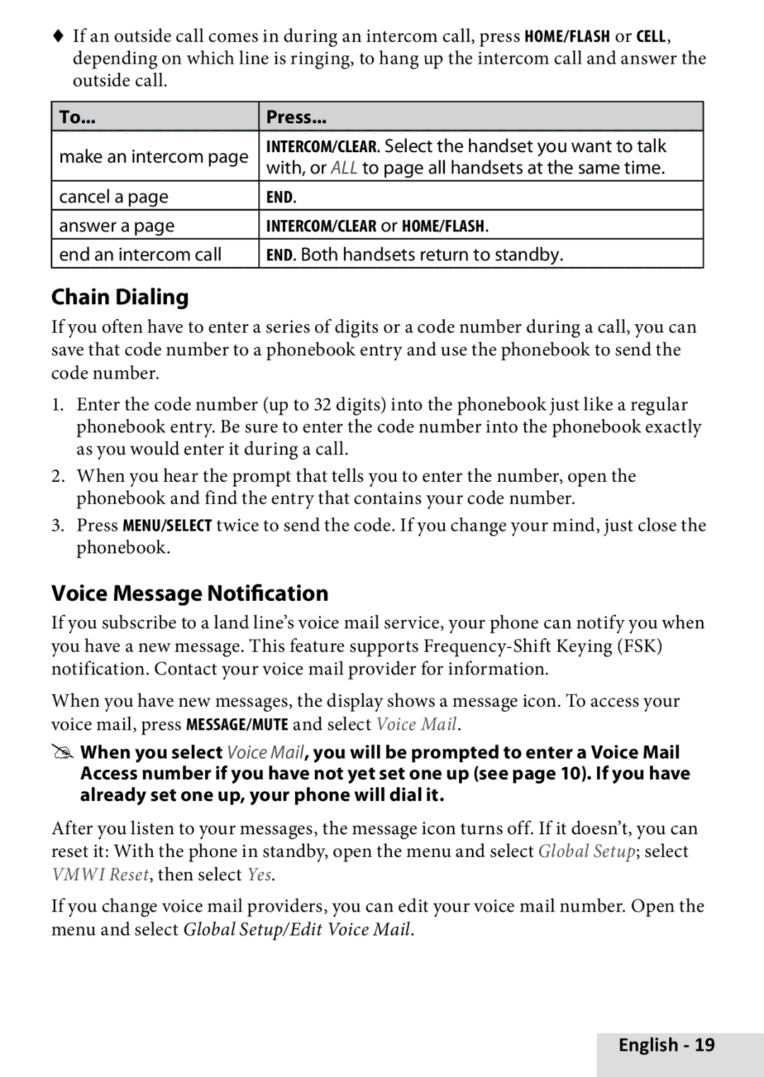 Uniden D3580 manual Chain Dialing, Voice Message Notification, Cancel a, Answer a 