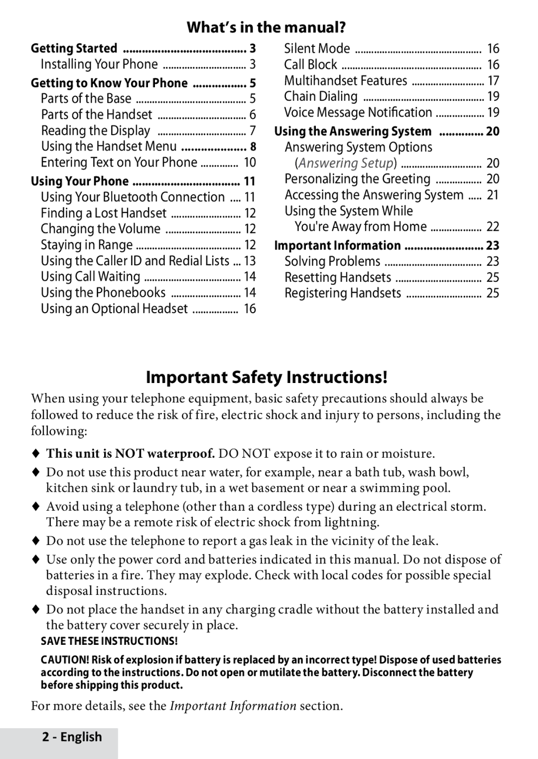 Uniden D3580 Important Safety Instructions, What’s in the manual? 