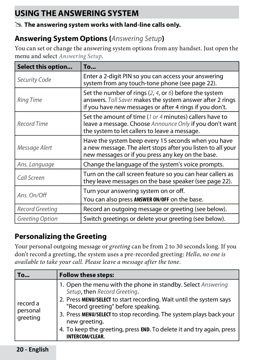 Uniden D3580 manual Using the Answering System, Answering System Options Answering Setup, Personalizing the Greeting 