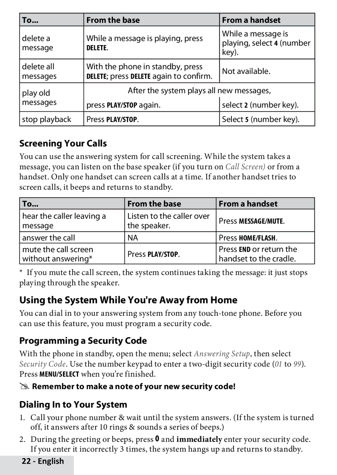 Uniden D3580 manual Using the System While Youre Away from Home, Screening Your Calls, Programming a Security Code 