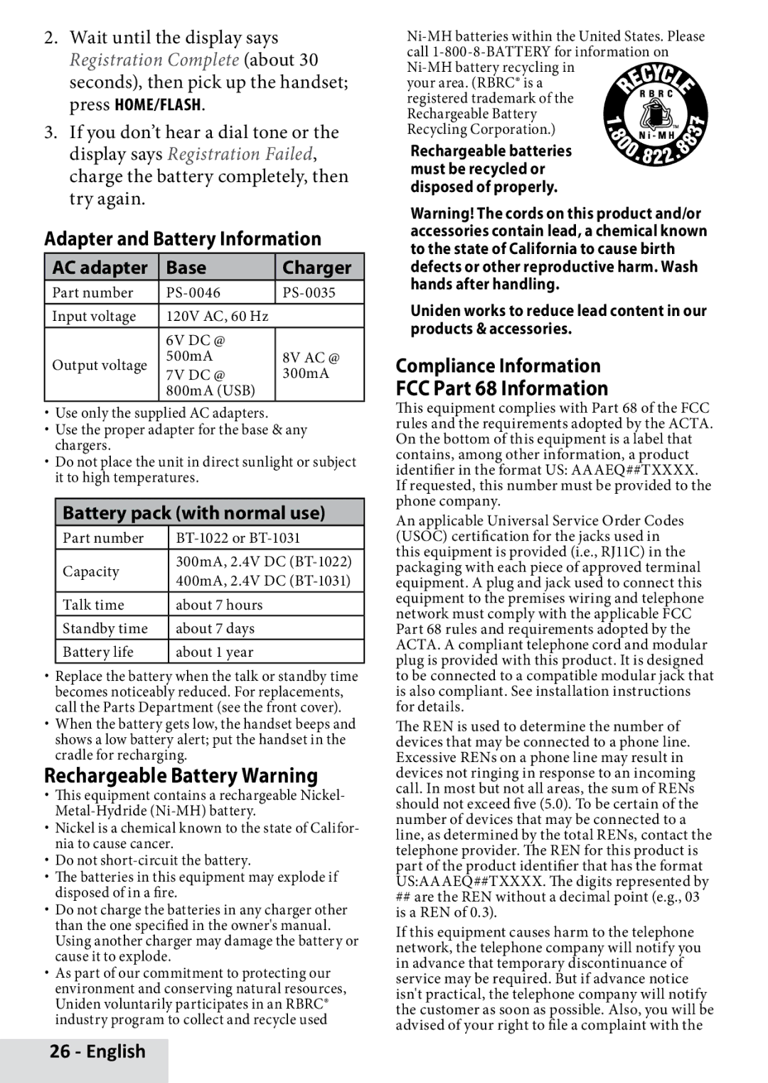 Uniden D3580 Adapter and Battery Information, Rechargeable Battery Warning, Compliance Information FCC Part 68 Information 