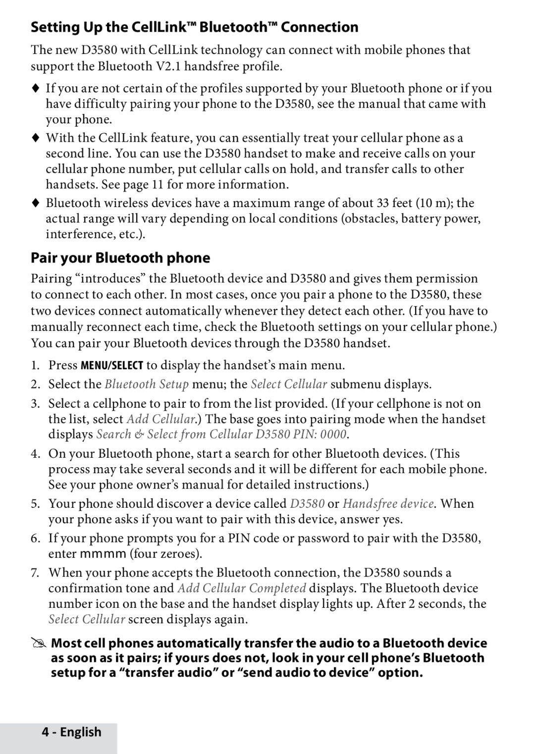 Uniden D3580 manual Setting Up the CellLink Bluetooth Connection, Pair your Bluetooth phone 