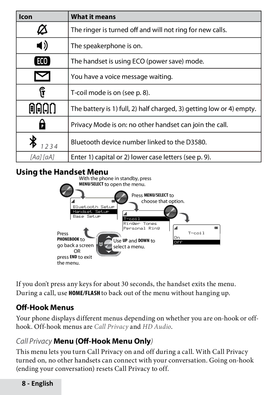 Uniden D3580 manual Using the Handset Menu, Off-Hook Menus, Call Privacy Menu Off-Hook Menu Only 