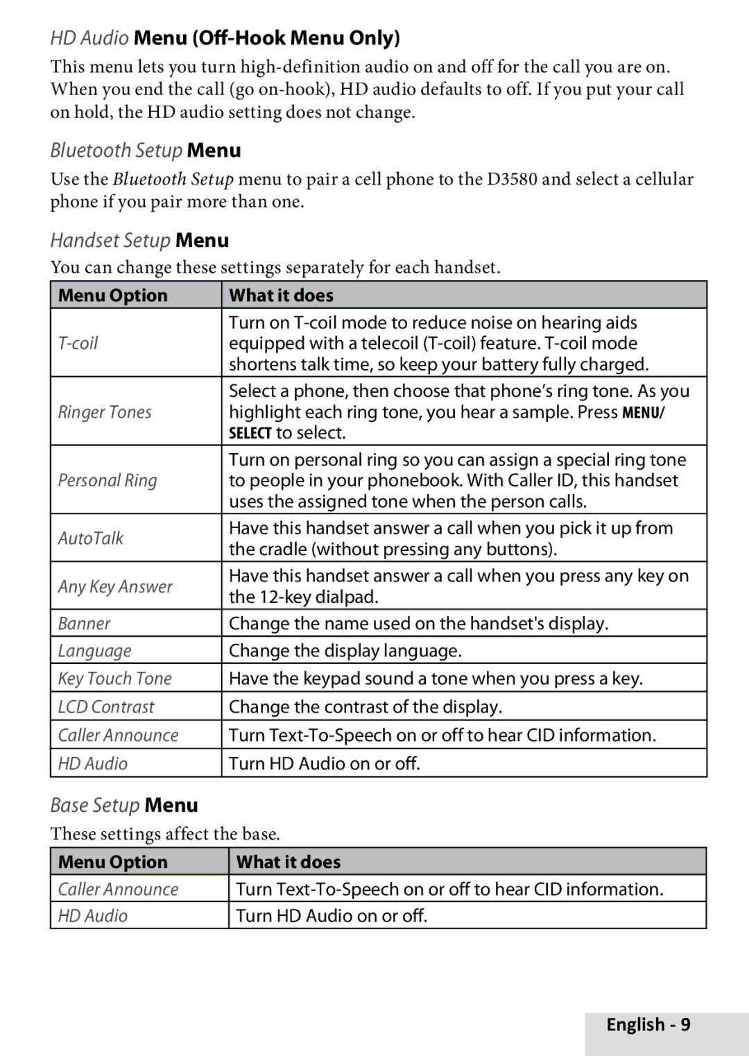 Uniden D3580 manual HD Audio Menu Off-Hook Menu Only, Menu Option What it does 