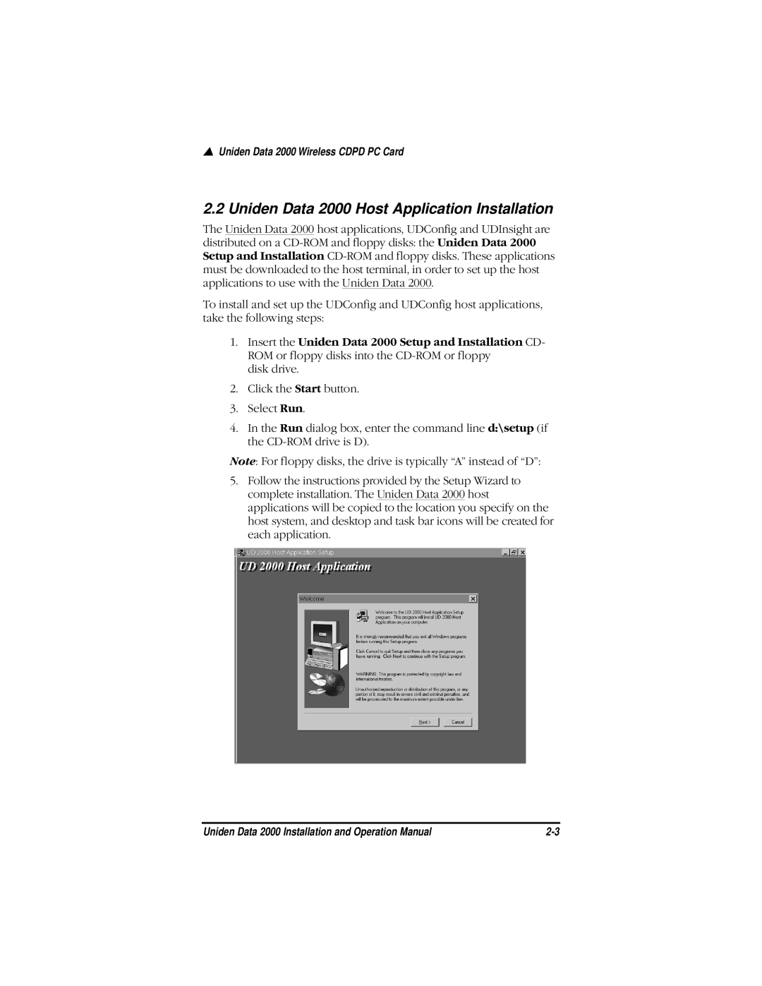 Uniden Data 2000 Wireless CDPD PC Card manual Uniden Data 2000 Host Application Installation 