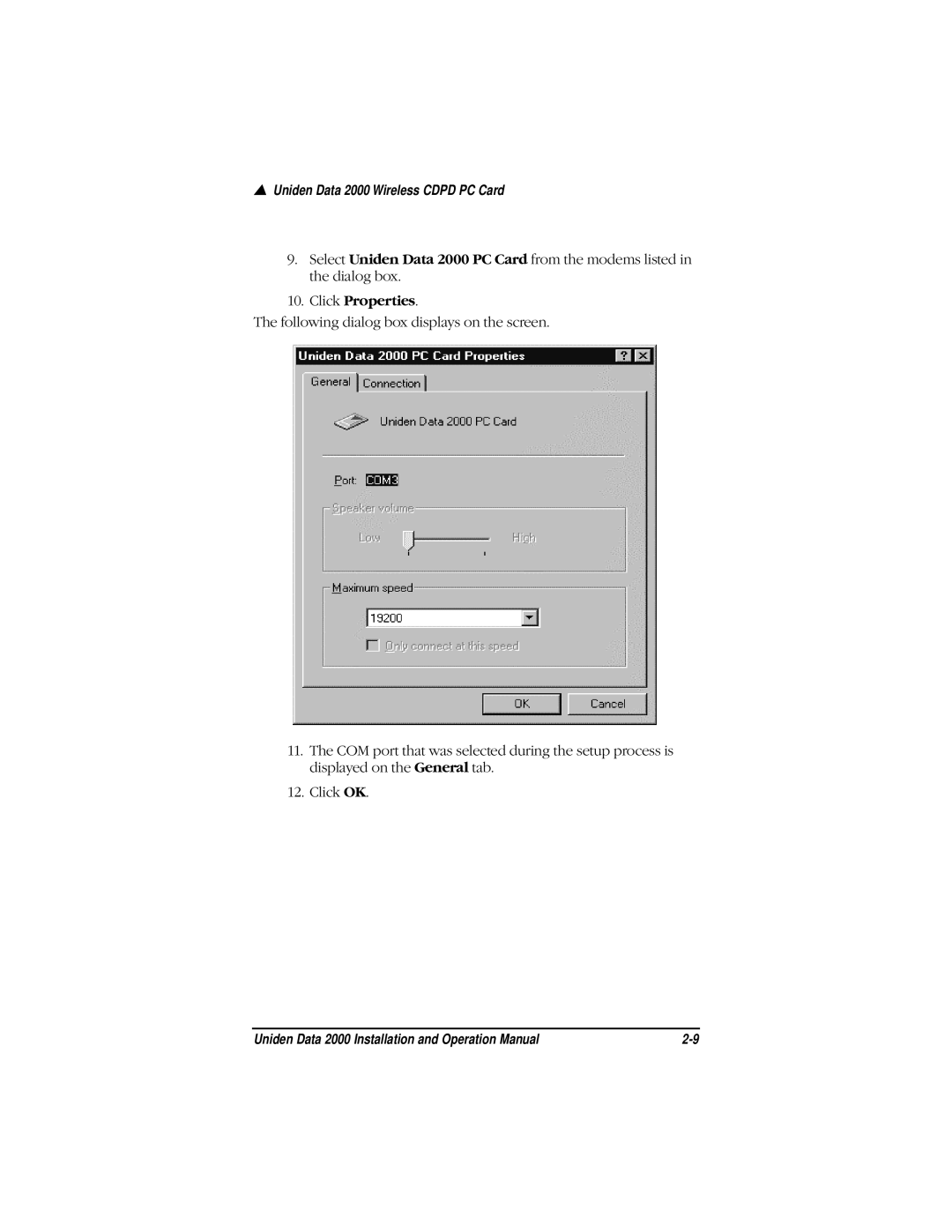 Uniden Data 2000 Wireless CDPD PC Card manual Click Properties 