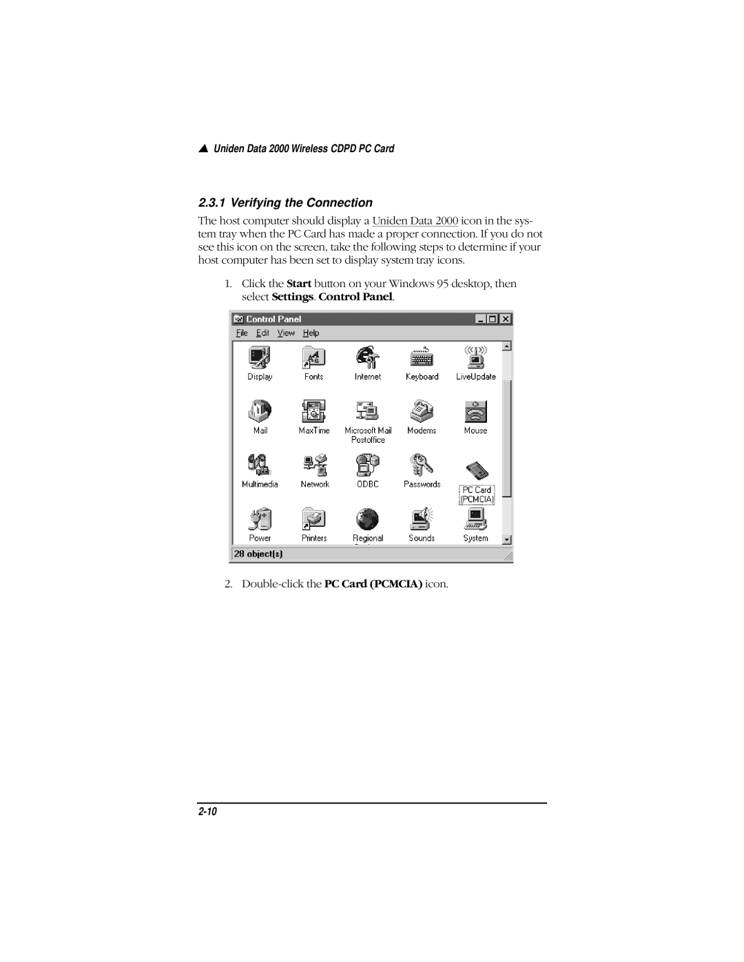 Uniden Data 2000 Wireless CDPD PC Card manual Verifying the Connection 