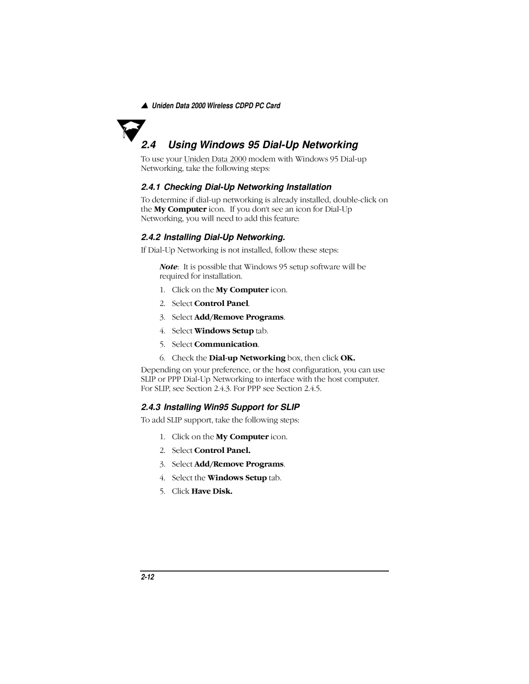 Uniden Data 2000 Wireless CDPD PC Card manual Using Windows 95 Dial-Up Networking, Checking Dial-Up Networking Installation 