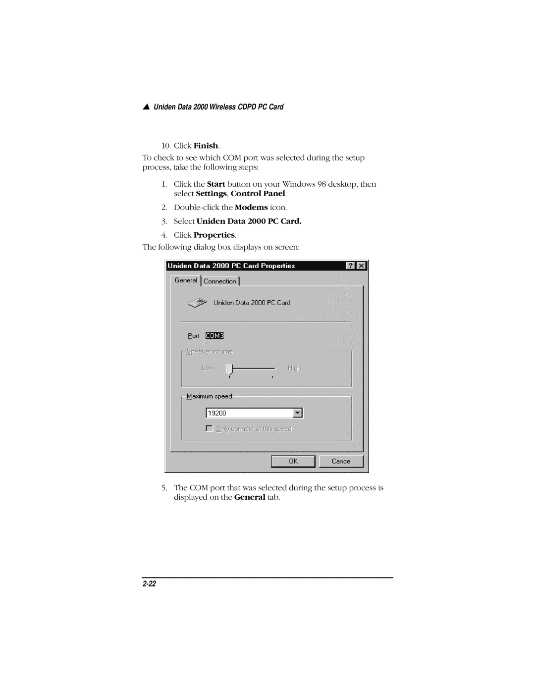 Uniden Data 2000 Wireless CDPD PC Card manual Select Uniden Data 2000 PC Card Click Properties 