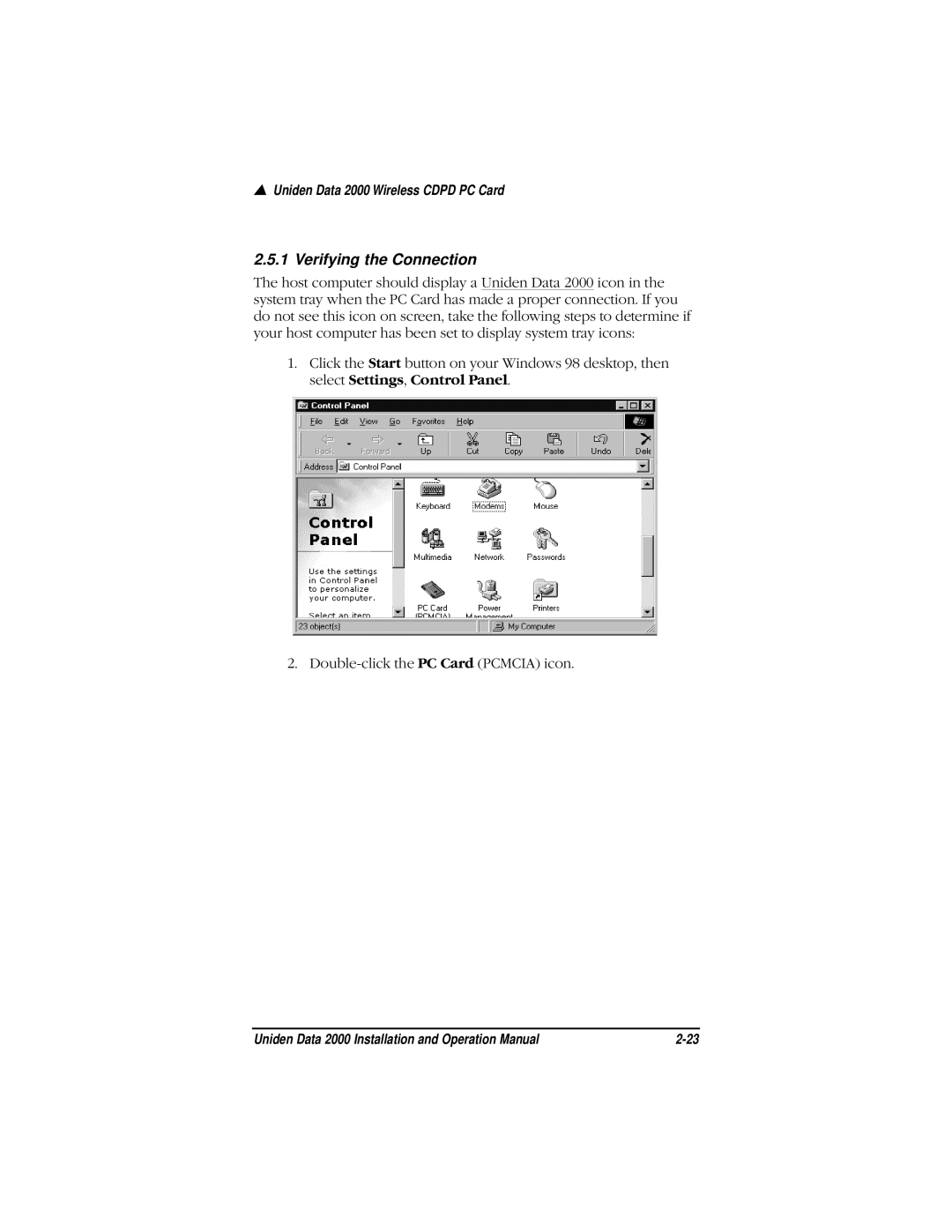 Uniden Data 2000 Wireless CDPD PC Card manual Verifying the Connection 