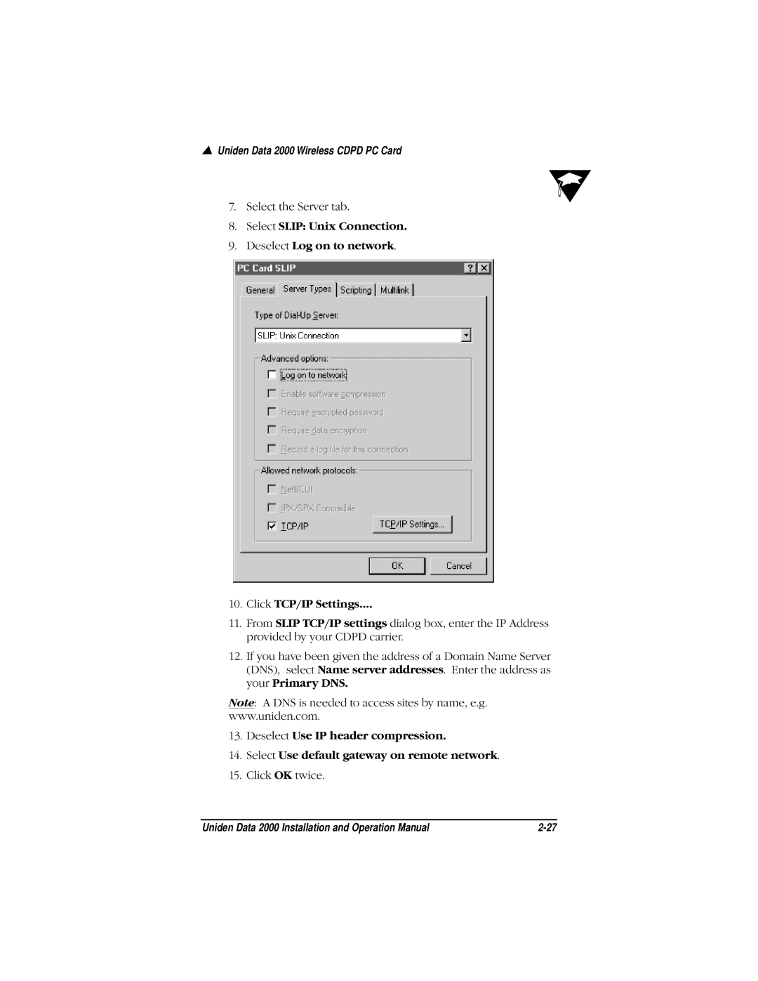 Uniden Data 2000 Wireless CDPD PC Card manual Select the Server tab 