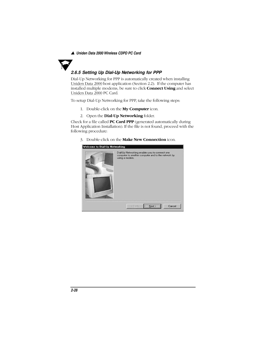 Uniden Data 2000 Wireless CDPD PC Card manual Setting Up Dial-Up Networking for PPP 
