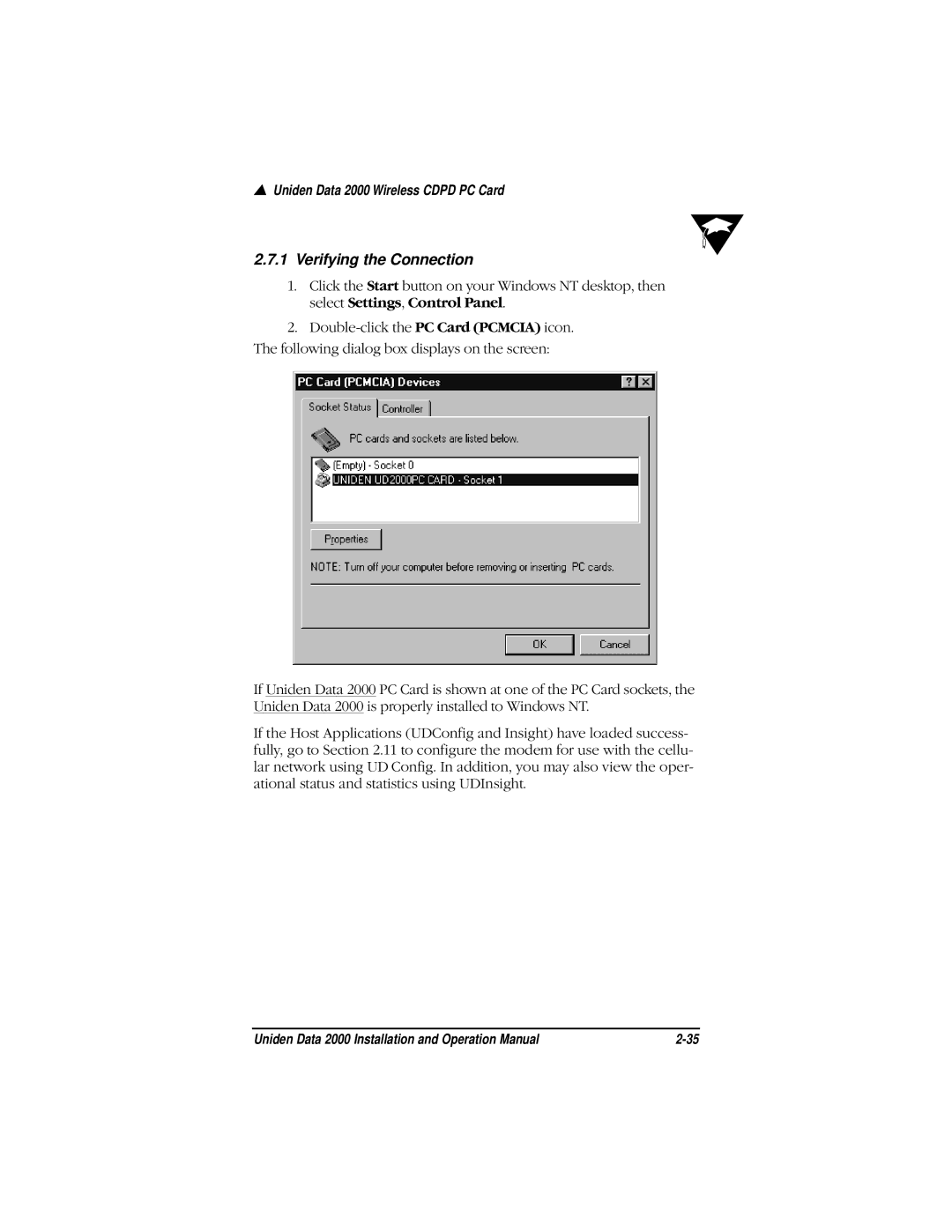 Uniden Data 2000 Wireless CDPD PC Card manual Verifying the Connection 