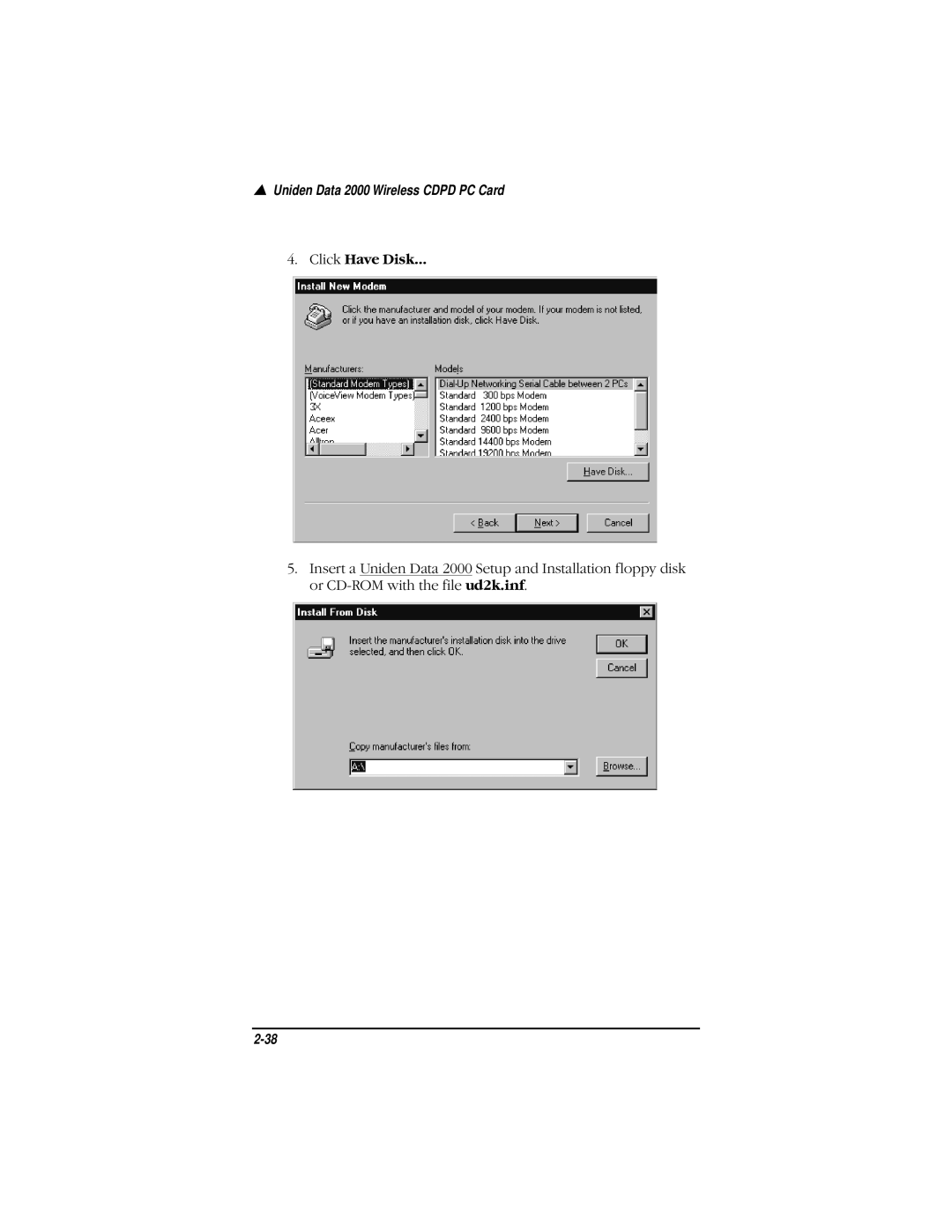 Uniden Data 2000 Wireless CDPD PC Card manual Click Have Disk… 