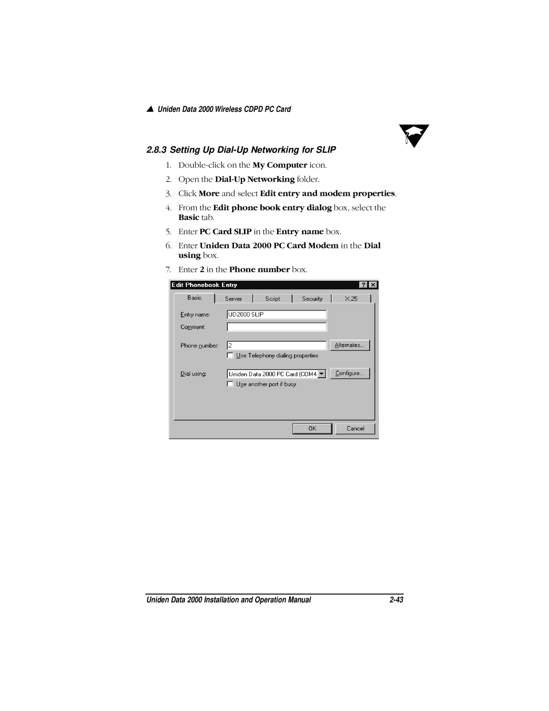 Uniden Data 2000 Wireless CDPD PC Card manual Enter 2 in the Phone number box 