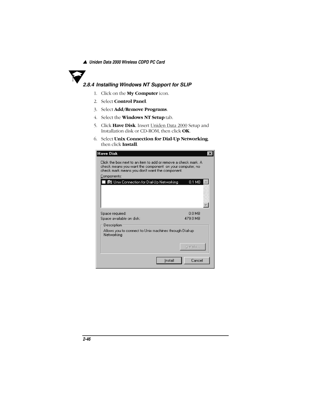 Uniden Data 2000 Wireless CDPD PC Card manual Installing Windows NT Support for Slip 