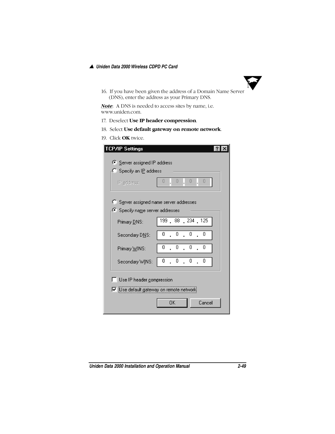 Uniden Data 2000 Wireless CDPD PC Card manual Click OK twice 