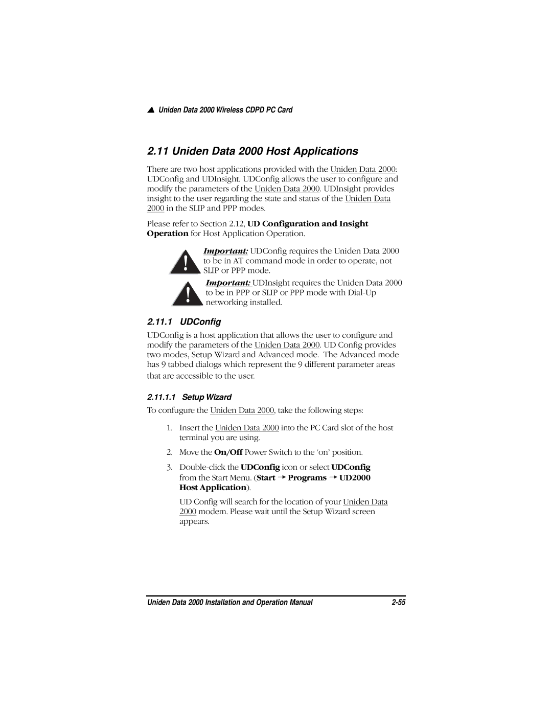 Uniden Data 2000 Wireless CDPD PC Card manual Uniden Data 2000 Host Applications, UDConfig 