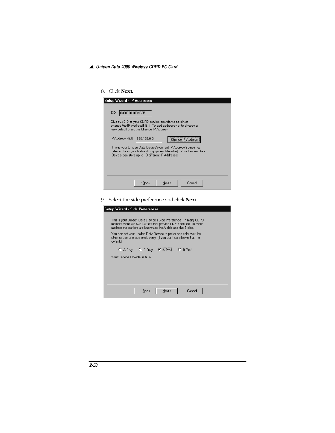 Uniden Data 2000 Wireless CDPD PC Card manual Click Next Select the side preference and click Next 