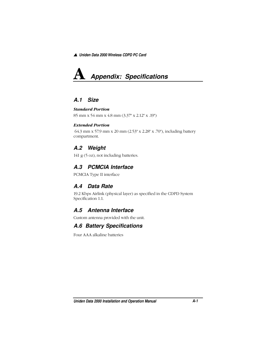 Uniden Data 2000 Wireless CDPD PC Card manual Appendix Specifications 