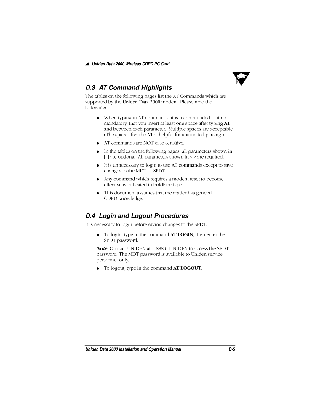 Uniden Data 2000 Wireless CDPD PC Card manual AT Command Highlights, Login and Logout Procedures 