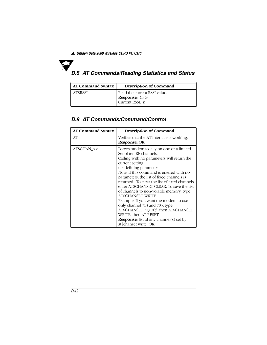 Uniden Data 2000 Wireless CDPD PC Card manual AT Commands/Reading Statistics and Status, AT Commands/Command/Control 