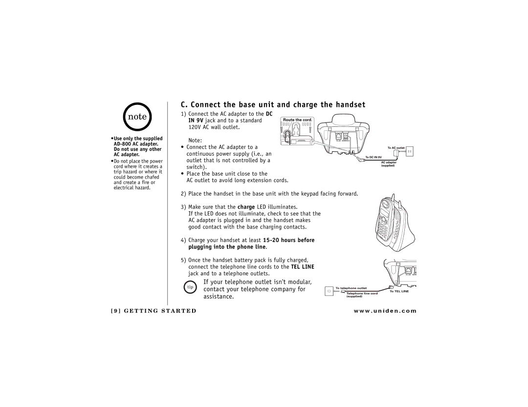 Uniden DCT 748 owner manual Connect the base unit and charge the handset 