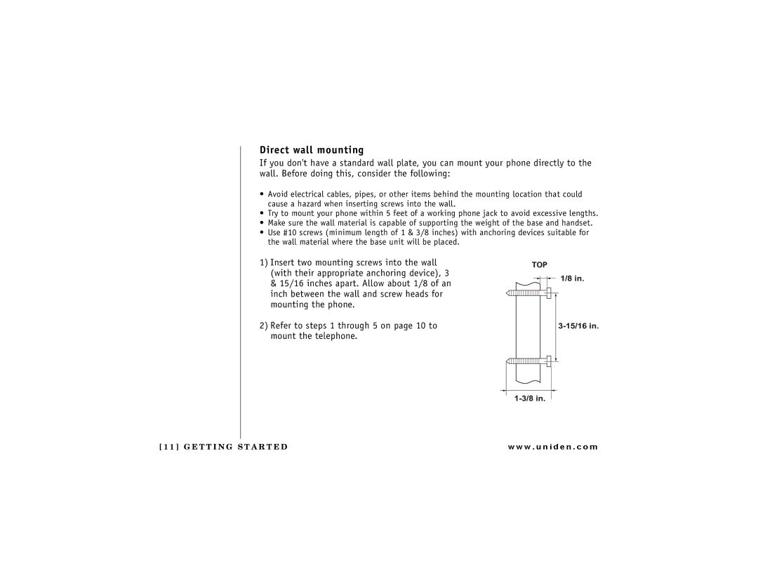 Uniden DCT 748 owner manual Direct wall mounting 