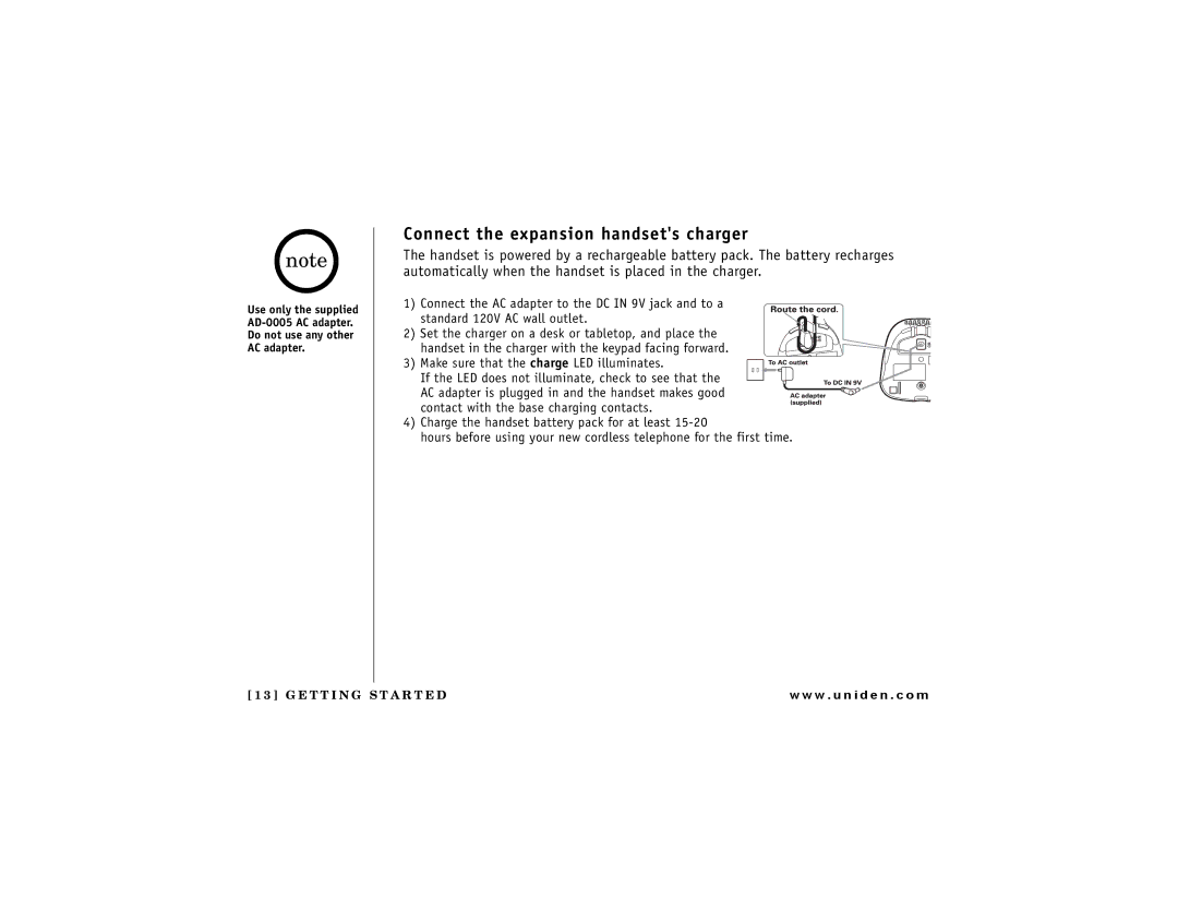 Uniden DCT 748 owner manual Connect the expansion handsets charger 