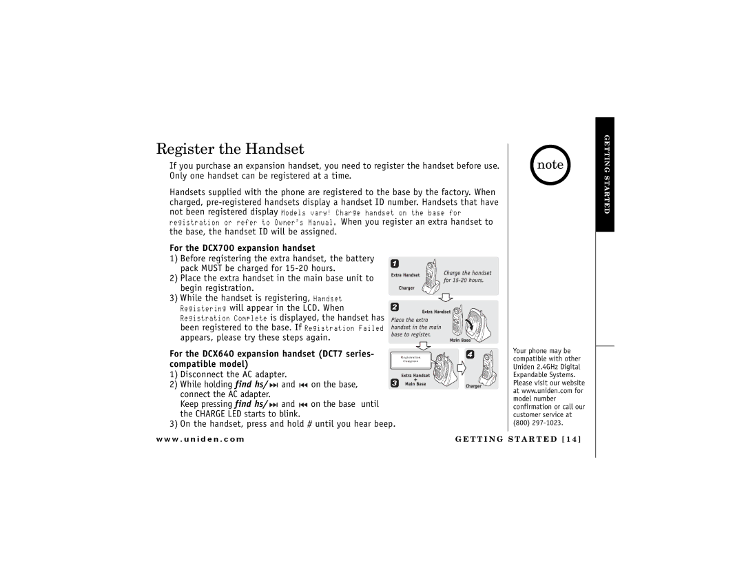 Uniden DCT 748 Register the Handset, For the DCX700 expansion handset, For the DCX640 expansion handset DCT7 series 