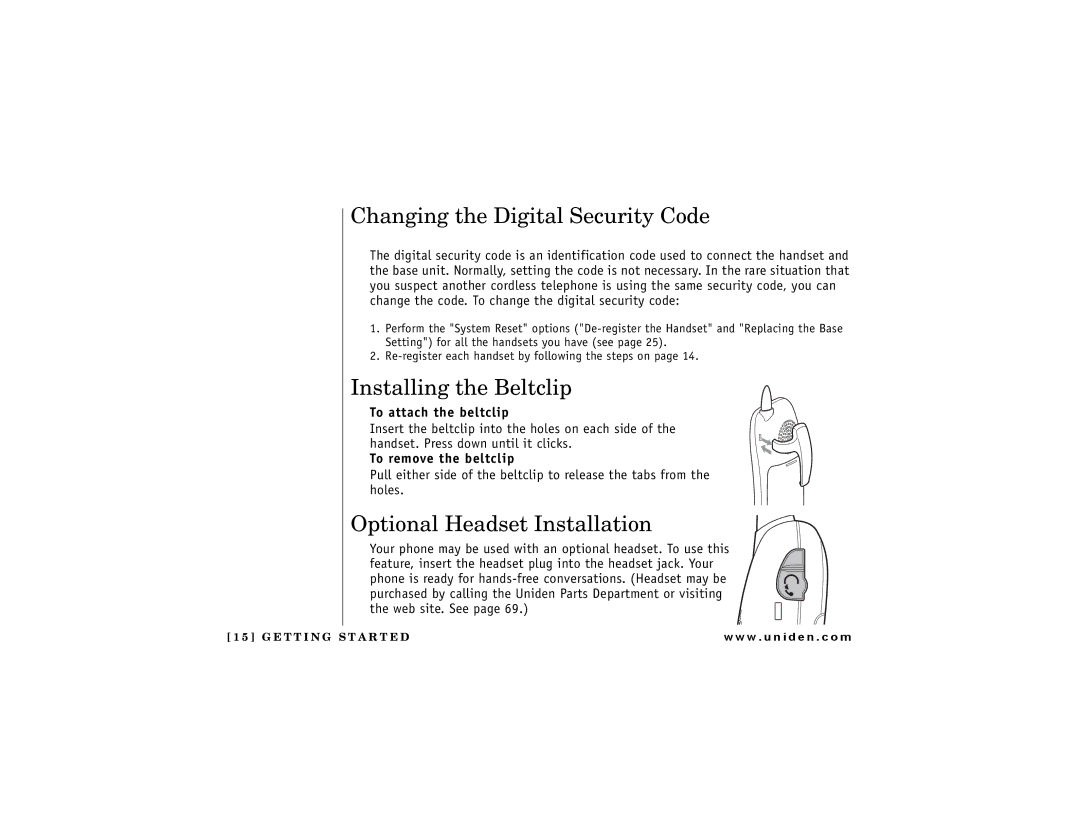 Uniden DCT 748 owner manual Changing the Digital Security Code, Installing the Beltclip, Optional Headset Installation 