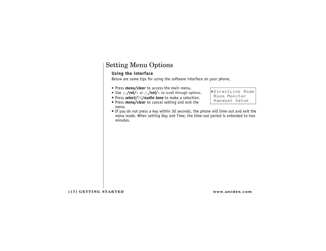 Uniden DCT 748 owner manual Setting Menu Options, Using the interface 