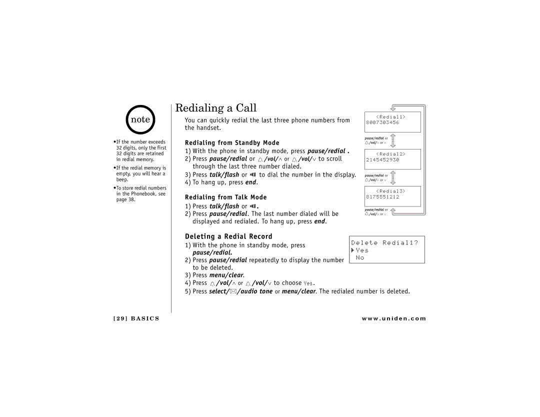 Uniden DCT 748 Redialing a Call, Deleting a Redial Record, Redialing from Standby Mode, Redialing from Talk Mode 