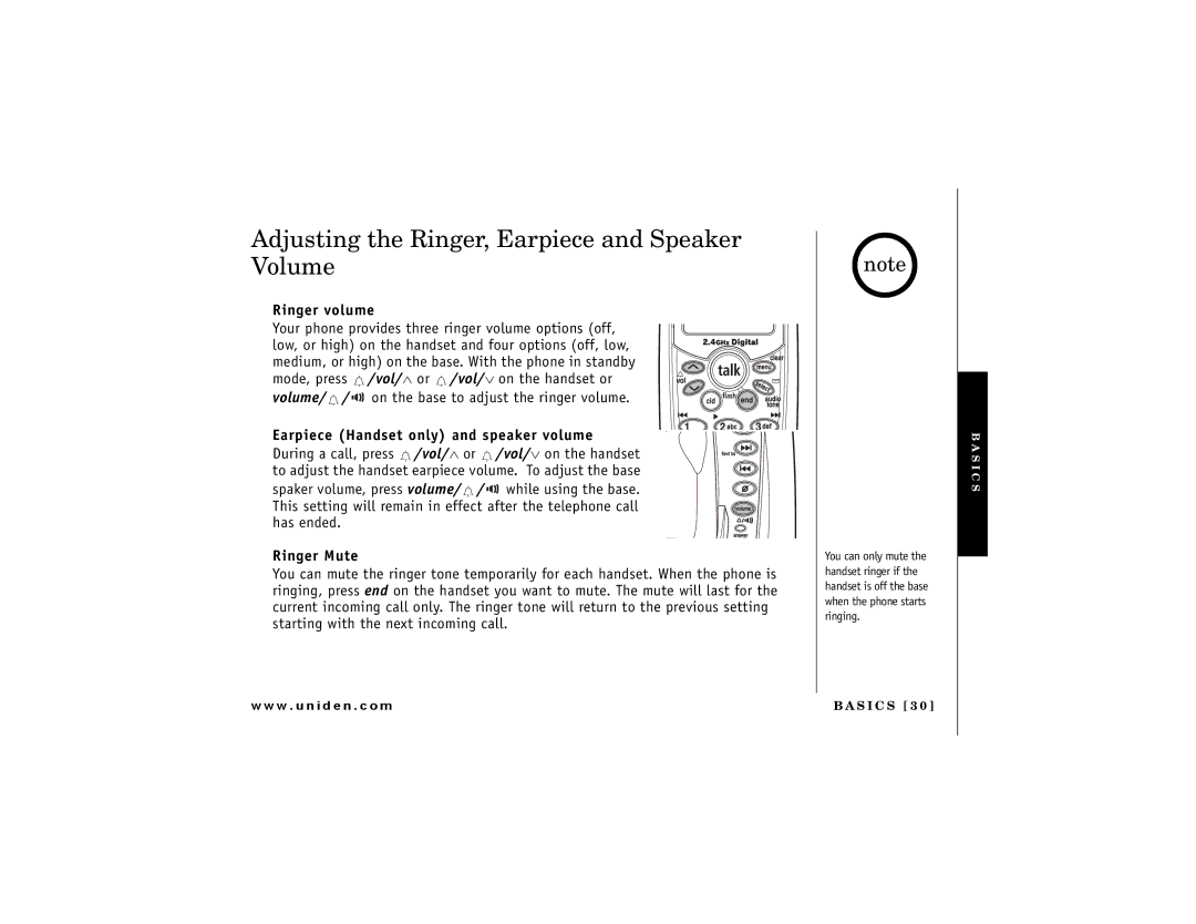 Uniden DCT 748 owner manual Adjusting the Ringer, Earpiece and Speaker Volume, Ringer volume 