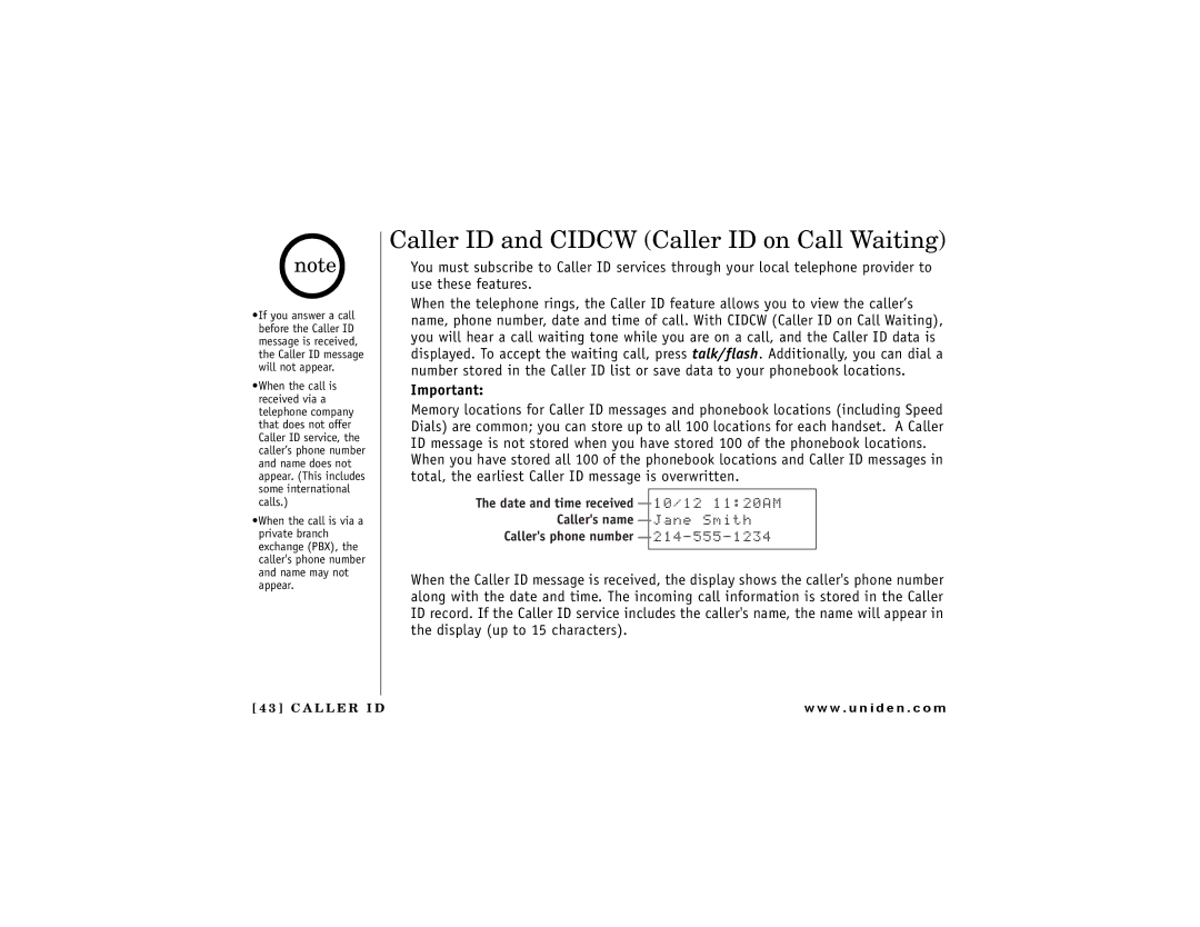 Uniden DCT 748 owner manual Caller ID and Cidcw Caller ID on Call Waiting, CPG5OKVJ,  