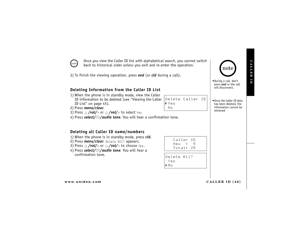 Uniden DCT 748 Deleting Information from the Caller ID List, Deleting all Caller ID name/numbers, Gngvg%Cnngt+ 