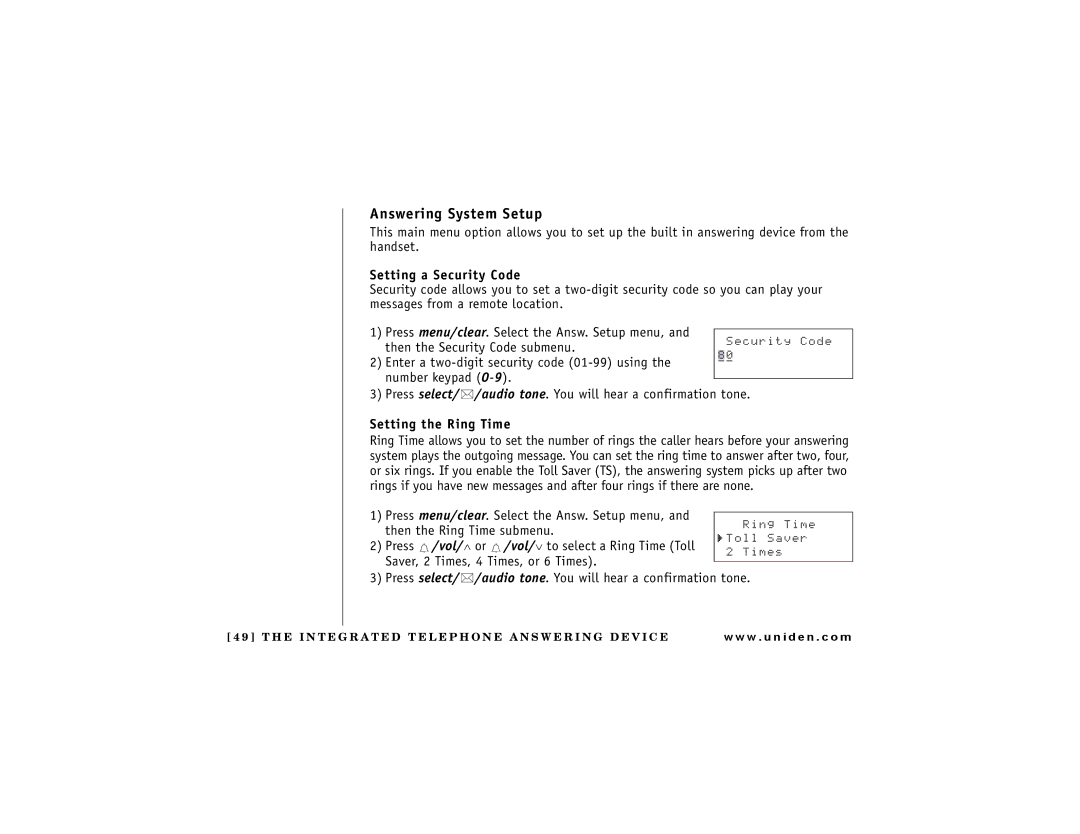 Uniden DCT 748 owner manual Answering System Setup, Setting a Security Code, Setting the Ring Time 