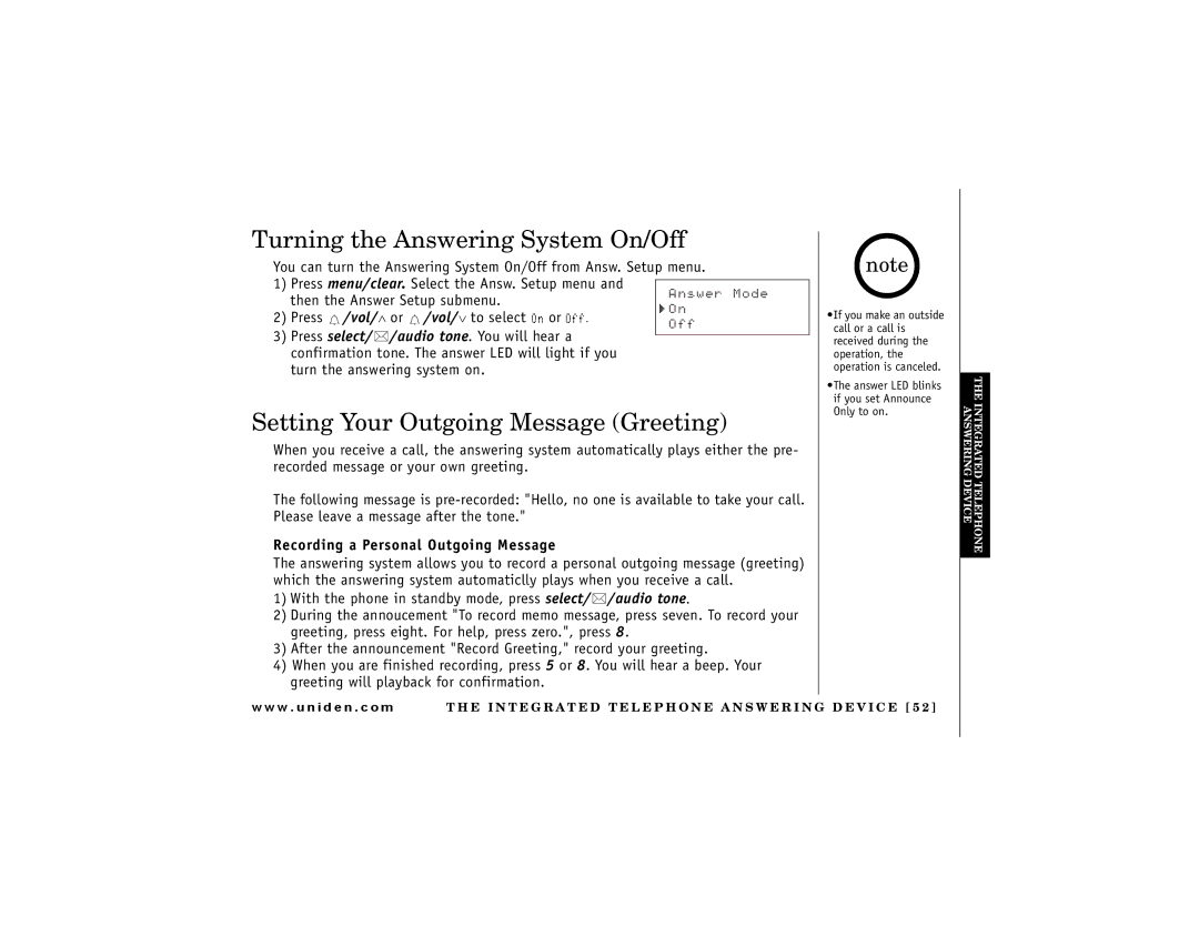 Uniden DCT 748 owner manual Turning the Answering System On/Off, Setting Your Outgoing Message Greeting 